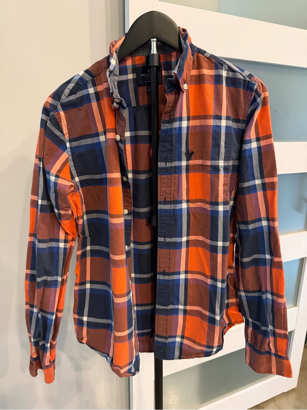 American Eagle Outfitters Orange & Navy Plaid Button-Down Shirt